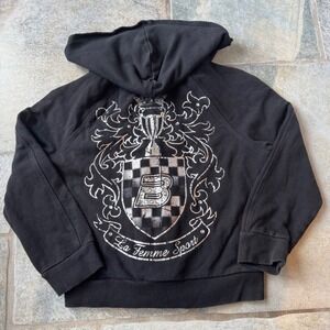 Y2K Bebe Sport Black Zip Up Hoodie M Crop Fit Rhinestone Pockets‎